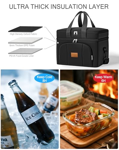 Rnivvi Lunch Box for Men, Double Decker Insulated Cooler Bag Lunch Bag Reusable Leakproof Tote Lunch Container with Strap for Work Family Picnic Hiking Camping, 18 Cans 12L, Large Adults, Black - color: Black