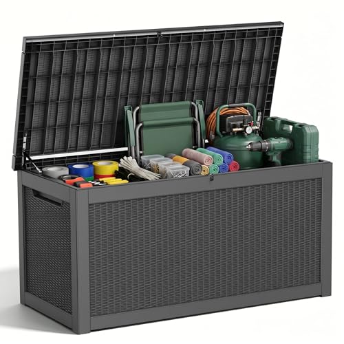 320 Gallon Outdoor Deck Box, Lockable Waterproof Outdoor Storage Boxes For Garden Tools,Indoor Cushions,Accessories Outside Storage Resin Weatherproof Container(Black) - color: Black, size: 320 Gallon