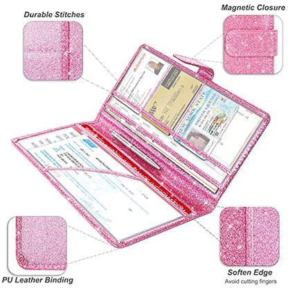 RSAquar Car Registration & Insurance Holder - Leather Glove Box Organizer, Cool Accessories for ID, Driver's License Cards & Docs, Men & Women, Pink Glitter - color: Glitter Pink