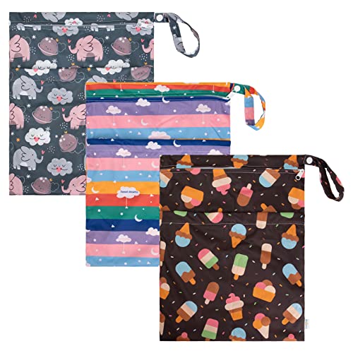 babygoal Wet Dry Bags 3 Pack for Baby Cloth Diapers, Washable Travel Bags, Beach, Pool, Gym Bag for Swimsuits & Wet Clothes with Two Zippered Pockets 3LN27 - color: Elephant and ice cream