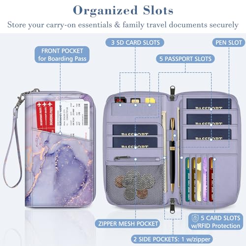 Fintie Family Passport Holder Wallet, RFID Blocking Travel Document Organizer Clutch Bag Credit Cards Case Cover for Women Men - color: Lilac Marble