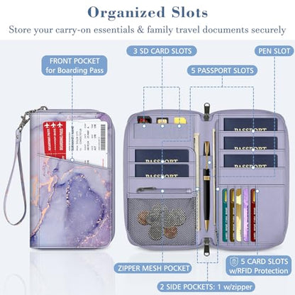 Fintie Family Passport Holder Wallet, RFID Blocking Travel Document Organizer Clutch Bag Credit Cards Case Cover for Women Men - color: Lilac Marble