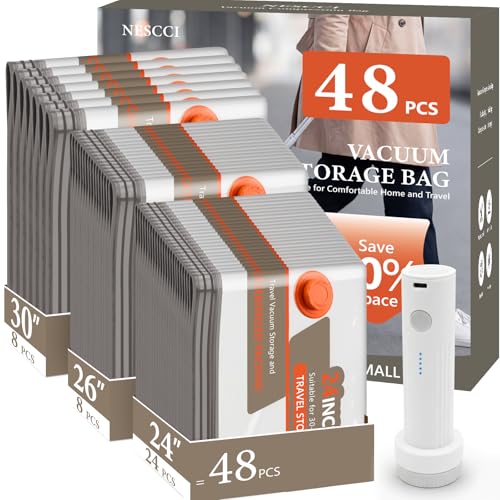 NESCCI Vacuum Bags for Travel with Rechargeable Air Pump,Carry-on Size Compression Packing Bags for Luggage and Suitcase,Space Saver for Clothes 48 Pcs Combo Travel Size - size: 48 Combo Size (Orange)