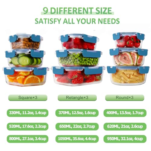 HOMBERKING Glass Food Storage Containers with Lids, [18 Piece] Glass Meal Prep Containers, Airtight Lunch Bento Boxes, BPA-Free & Leak Proof (9 lids & 9 Containers) - Deep Blue - color: Deep Blue