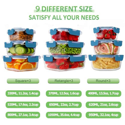 HOMBERKING Glass Food Storage Containers with Lids, [18 Piece] Glass Meal Prep Containers, Airtight Lunch Bento Boxes, BPA-Free & Leak Proof (9 lids & 9 Containers) - Deep Blue - color: Deep Blue