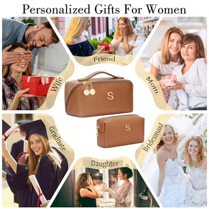Birthday Gifts for Women Teen Girl, Personalized Initial Makeup Organizer Bag Set, Open Flat Travel Cosmetic Bag With Clear Divider and Handle(Brown,S) - color: Brown, style: S