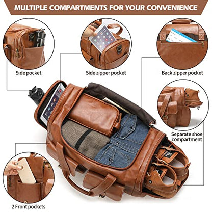 Zeroway PU Leather Travel Duffel Bag with Toiletry Dopp Kit and Laundry Bag, Weekender Overnight bag Luggage Carry-On Bag with Shoe Pouch for Men or Women Brown - color: Brown-travel set