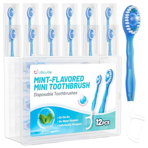 12 Pack 5-in-1 Disposable Mini Toothbrush with Toothpaste + Floss + Pick + Tongue Scraper for Work/Camping/Travel, Travel Toothbrush Set for Kids Adults, Individually Wrapped, Mint Flavor - color: Mint Flavor, size: 1 Count (Pack of 12)