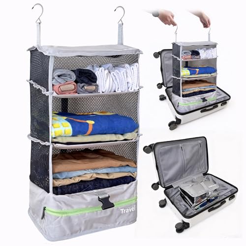 Grand Fusion Stow-N-Go Portable Hanging Travel Shelves, Packing Organizer for Luggage. Carry on Closet with Hanger for Clothes. Expandable Packing Cube. Travel Essentials, Light Gray - L - color: Light Gray, size: L = (L) 11.8" x (W) 11.8"