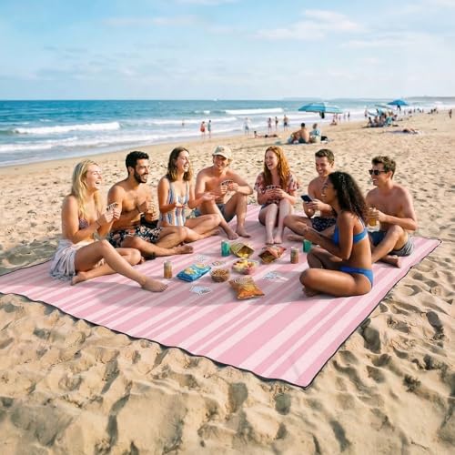 OIGAE Oversized Beach Blanket, 9×10 ft Sand-Free Outdoor Mat for Groups, Quick-Dry Picnic Blanket with Stakes & Corner Pockets, Pink Stripe - color: Pink Stripe, size: 9x10 Ft (2～8 person)