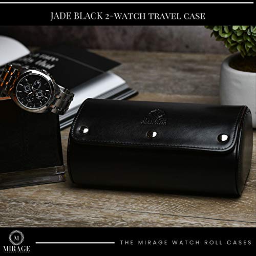 2 Watch Case for Men - Watch Roll Travel Case - Jade Black Motif Vegan Leather - color: Jade Black 2-watch case