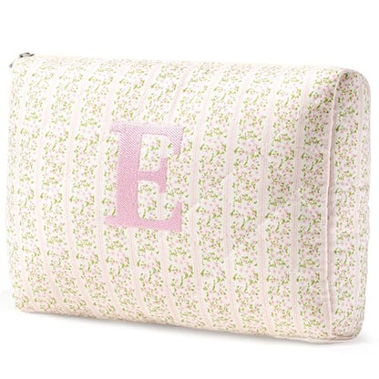HBselect Initial Quilted Makeup Bag, Pink Cosmetic Travel Toiletry Bag, Flowers Coquette Zipper Make Up Pouch Organizer Teen Girl Gift Trendy Stuff E - color: 1Pc Medium Pinkflower, style: E