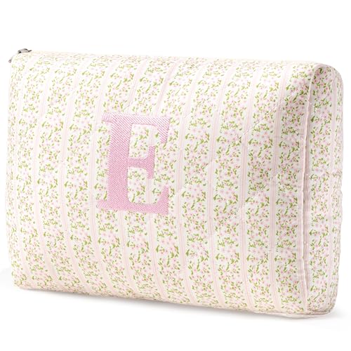 HBselect Initial Quilted Makeup Bag, Pink Cosmetic Travel Toiletry Bag, Flowers Coquette Zipper Make Up Pouch Organizer Teen Girl Gift Trendy Stuff E - color: 1Pc Medium Pinkflower, style: E