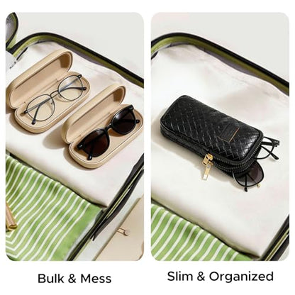KINIVA Double Eyeglass Case for Men Women, 2-in-1 PU Dual Sunglasses Case, Scratch-Proof Travel Eyeglass Holder for Purse Car - style: Black Woven