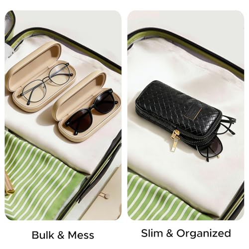 KINIVA Double Eyeglass Case for Men Women, 2-in-1 PU Dual Sunglasses Case, Scratch-Proof Travel Eyeglass Holder for Purse Car - style: Black Woven