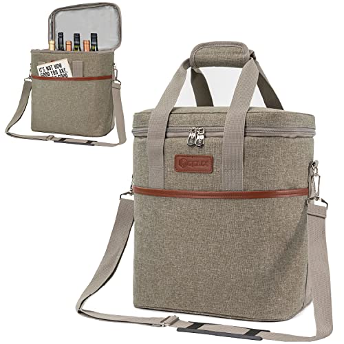 opux 6 Bottle Carrier Tote | Insulated Padded Wine Cooler Bag for Travel. Picnic, BYOB | Portable Leakproof Wine Tote Bag for Dinner, Party, Christmas, Wine Gift for Women, Men (Heather Taupe) - color: Heather Taupe, size: 6 Bottle