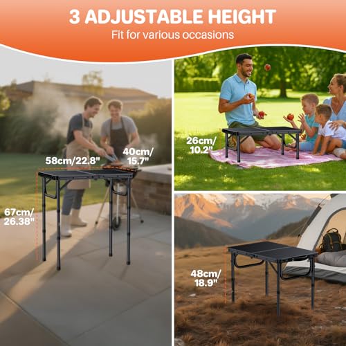 FUNYKICH 2ft Small Foldable Camping Table(22.8'' Lx15.7'' W), 3 Height Adjustable Portable Folding Table, Lightweight Aluminum Outdoor Table with Carry Handle for Camping, Beach, Picnic, Black - size: 22.8''x 15.7''x26.4''(Black)