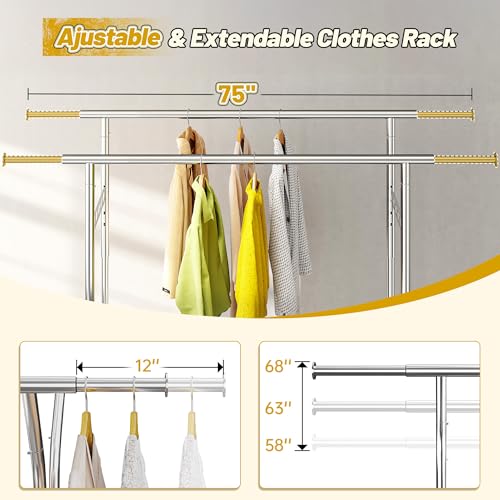 Raybee Clothes Rack, Seasonal Storage & Closet Organize, Collapsible Frame | Heavy Duty, Large Capacity, Commercial-Grade Stainless Steel, Expandable Rods, Height Adjustable, Lockable Wheels, Fast Setup - color: Chrome