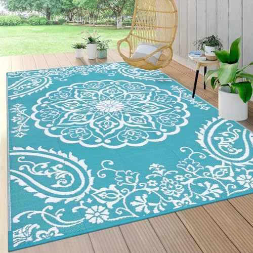 Pauwer Waterproof Outdoor Rug 5x8, Reversible Plastic Straw Patio Camping Rug, Indoor Outdoor RV Mat Carpet for Deck, Camper, Porch, Balcony, Backyard, Picnic, Boho Teal - color: Boho Teal, size: 5' x 8' (Rectangular)