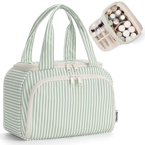 Narwey Striped Travel Toiletry Bag for Women Large Makeup Bag, Wide-open Cosmetic Make Up Organizer with Handle, Travel Bag for Toiletries, Essentials, Accessories (Mint Green Stripe) - color: Y-Mint Green Stripe