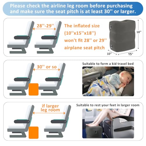Inflatable Airplane Foot Rest Pillow - Travel Foot Rest for Long Flights, Car Seat Foot Rest for Kids Airplane Seat Extender Bed for Toddler, Blow up Plane Footrest with Easy-Carry Strap, Gray 2 Pack