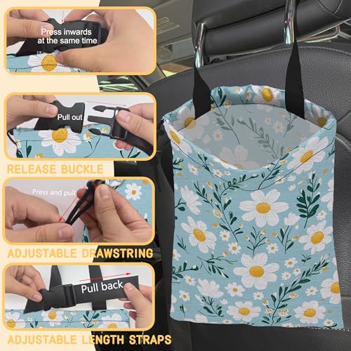 Blooming Flowers Car Trash Bag, Hanging Drawstring Car Garbage Bag,Canvas Car Back Seat Organizer with Adjustable Buckle for Men and Women - color: Blooming Flowers
