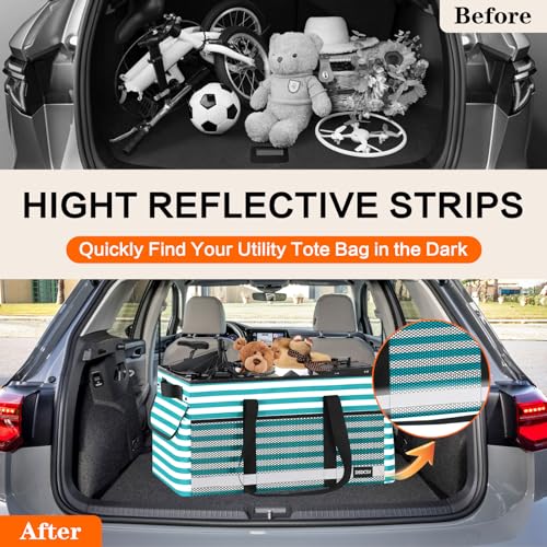 Extra Large Utility Tote Bag with Reflective Strip, Standing Reusable Grocery Bags with Hard Bottom, Collapsible Utility Tote with Handles for Shopping, Beach, Picnics, Car, Striped Green - color: Striped Green