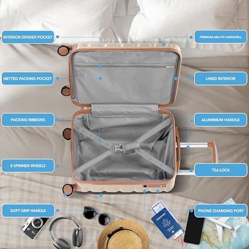 Flight Knight 21.5x15.5x9 Expandable Carry On Suitcase Hardside TSA Lock & USB C Port Lightweight Luggage Silent Double Spinner Wheels Maximum Canada Air Overhead Bag Airlines Approved Cream - color: Cream/Tan, size: 21.5x15.5x9"