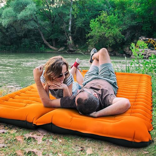 Yuzonc Double Sleeping Pad for Camping, 4" Extra Thick Self-Inflating Air Mattress - 2 Person Inflatable Camping Mat with Built-in Foot Pump & Pillow, Backpacking Hiking Tent Travel-Orange - color: Orange-1