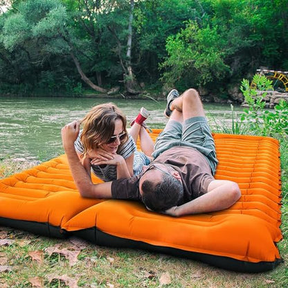 Yuzonc Double Sleeping Pad for Camping, 4" Extra Thick Self-Inflating Air Mattress - 2 Person Inflatable Camping Mat with Built-in Foot Pump & Pillow, Backpacking Hiking Tent Travel-Orange - color: Orange-1