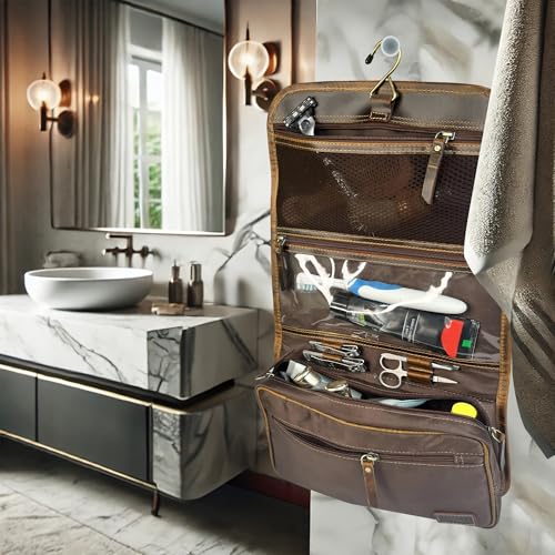 RUSTIC TOWN Leather Hanging Toiletry Bag for Men - Travel Shaving Dopp Kit - Bathroom Shower Toiletries Organizer - Leather Cosmetic Makeup Bag for Women - color: Brown