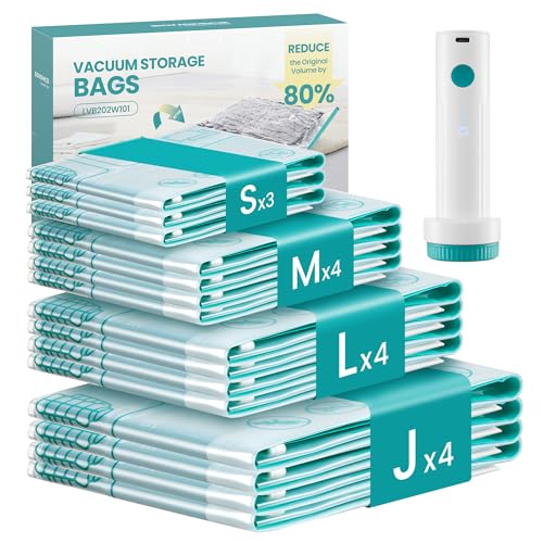 SONGMICS Vacuum Storage Bags, Rechargeable Portable Electric Pump, Space Saver Vacuum Seal Suction Bags for Clothing Travel Bedding Comforters, Reusable, 15 Pack, 3S/4M/4L/4J, Transparent ULVB203W101 - style: 3S+4M+4L+4J+USB Pump