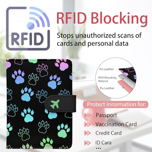 Passport Holder, Travel Wallet Cover with Pen Loop | Cute RFID Blocking Leather Case with Magnetic Closure for Travel Essentials-Pawprint - color: F-Pawprint