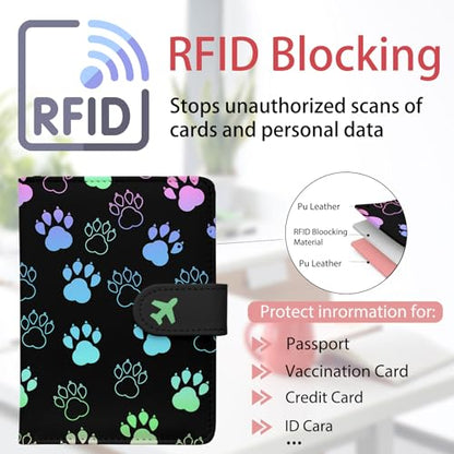Passport Holder, Travel Wallet Cover with Pen Loop | Cute RFID Blocking Leather Case with Magnetic Closure for Travel Essentials-Pawprint - color: F-Pawprint