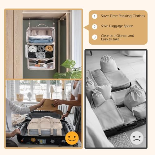 Surblue Hanging Shelves Travel Compression Packing Cube for Carry-on Luggage Suitcase Collapsible Transformable Garment Closet Organizers Large Capacity, Beige, XXL - color: Beige, size: XXL_14.96*11.47*22.83in