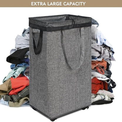 DOKEHOM 90L X-Large Laundry Basket with Removable Wash Bag on Wheels, Collapsible Rolling Laundry Hamper, Foldable Clothes Organizer, Folding Washing Bin (Linen Grey) - color: Linen Grey, size: X-Large Pro 29"