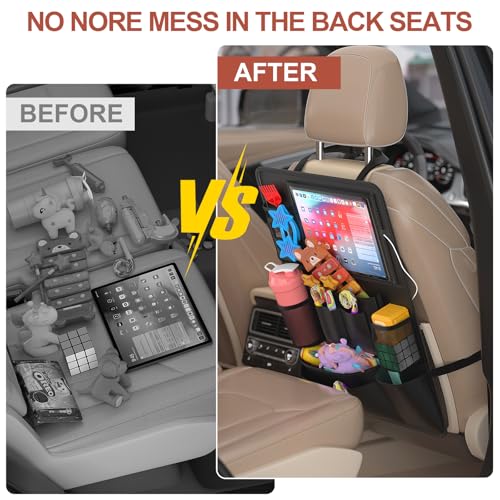 Backseat Car Organizer with Touch Screen,Kick Mats Back Seat Protector with 10 Storage Pockets,Car Seat Back Organizers Storage for Snacks Drinks Toy Umbrellas for Kids Road Trip - style: 1PACK-Black