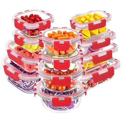 VERONES 12 Packs Glass Food Storage Containers Set, Airtight Glass Lunch Containers, Glass Meal Prep Containers with Lids,Exclusive of BPA, for Microwave, Oven, Freezer & Dishwasher Friendly,Red - color: Red