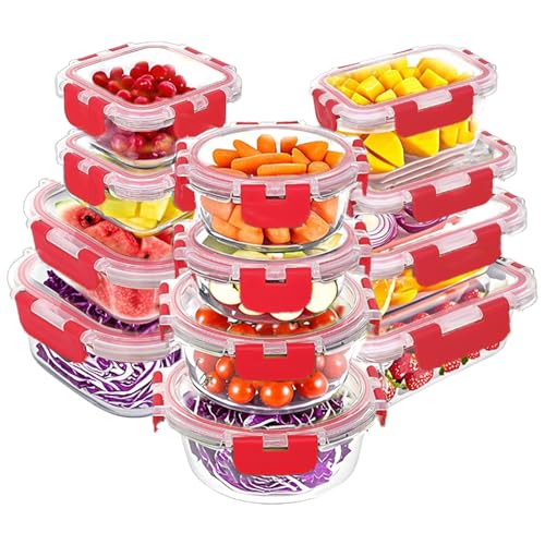 VERONES 12 Packs Glass Food Storage Containers Set, Airtight Glass Lunch Containers, Glass Meal Prep Containers with Lids,Exclusive of BPA, for Microwave, Oven, Freezer & Dishwasher Friendly,Red - color: Red