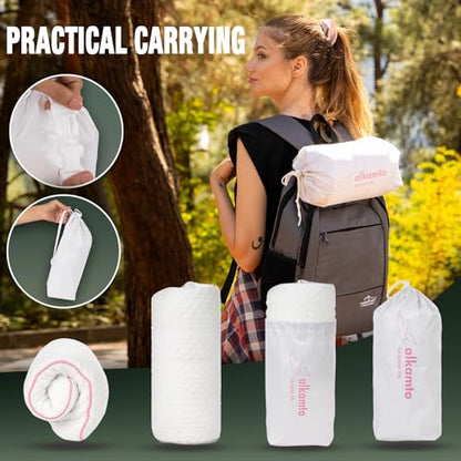 alkamto Travel & Camping Comfortable Memory Foam Pillow – Easy to Carry Portable Bag – Temperature Regulating Pillow Case (Pink + Extra Cover) - size: Pink Travel + Extra Cover