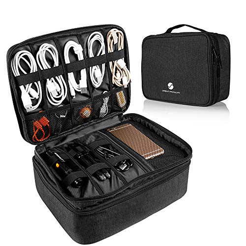 Travel Electronics Organizer, Waterproof Cable Organizer Bag for Electronic Accessories Double Layer Large Shockproof Cable Storage Bag for Cord, Power Bank, Tablet(Up to iPad 11 inch) - Black - color: Charcoal black