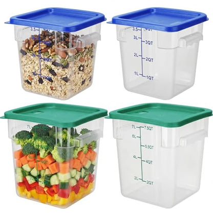 Lallisa 4 Pcs 8qt & 4qt Clear Food Storage Containers with Lids Handles and Scales, Stackable Plastic Square Food Storage Containers for Dough Proofing Baking Kitchen Restaurant(Blue, Green) - color: Blue, Green