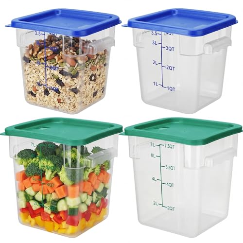Lallisa 4 Pcs 8qt & 4qt Clear Food Storage Containers with Lids Handles and Scales, Stackable Plastic Square Food Storage Containers for Dough Proofing Baking Kitchen Restaurant(Blue, Green) - color: Blue, Green