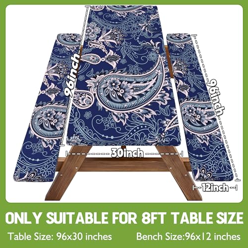 Picnic Table Cover with Bench Covers Waterproof Elastic Rectangle Reusable Folding Tablecloth Manteles Mantelería Camping Essentials Rv Car Travel Supplies Table Cloth Outdoor Road Trip Camper Gifts - color: Blue Paisley, size: 96in