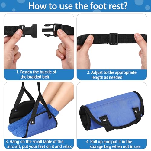 Yerliker Airplane Foot Hammock(Memory Foam) with Earplugs and Eye Mask Travel Necessities Adjustable Airplane Desk Foot Rest for Long Trip Pain and Swelling Relief(Blue) - color: Blue