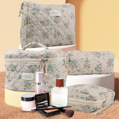NATINSA Cute Makeup Bag for Women(2 Pcs), Travel Cosmetic Bags, Quilted Coquette Aesthetic Floral Toiletry Organizer Bag (45 - Yellow Rose/4PCS) - color: 45 - Yellow Rose/4PCS