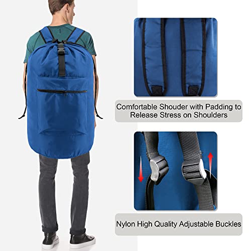 BeeGreen Laundry-Bag-Backpack-Heavy-Duty, Royal Blue Nylon Drawstring Portable Laundry Backpack Tall Foldable Extra Large Dirty Clothes Travel Bag with Handle College Dorm Apartment Essentials - color: Royal Blue, style: With Front Zipper Pocket