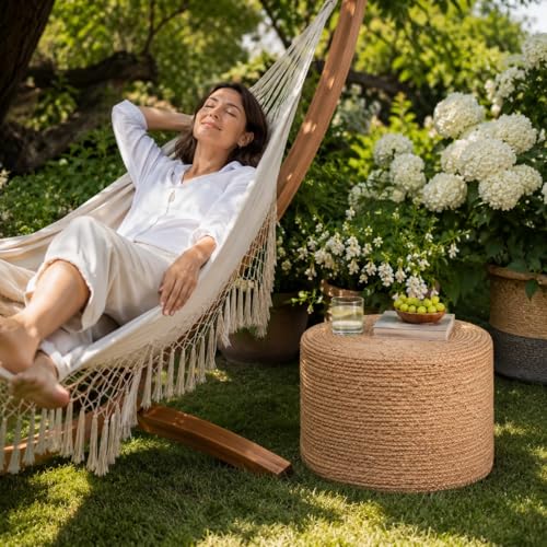 Wimarsbon 18'' Pouf Ottoman, Natural Braided Poof, Round Poufs, Rustic Handweave Lounge Pouffe, Boho Footrest Stool for Bedroom, Accent Table or Seat for Patio, Living Room - color: 18inch Natural Water Hyacinth Braid