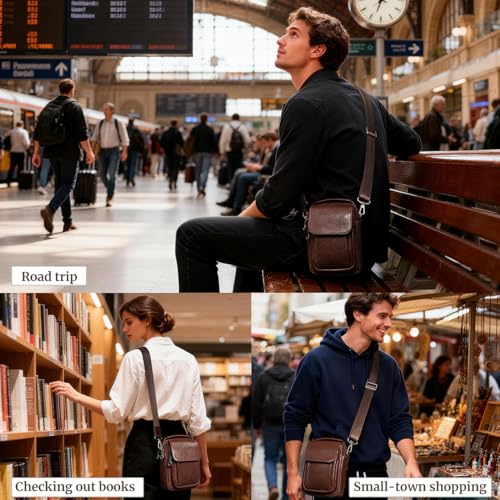 Augus Leather Small Messenger Bag For Men Crossbody Handbag Shoulder Sling Travel Bags for Men Purse Daypack Magnetic Buckle - color: Coffee-1