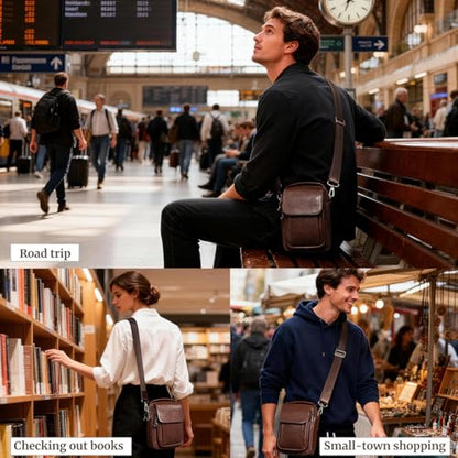 Augus Leather Small Messenger Bag For Men Crossbody Handbag Shoulder Sling Travel Bags for Men Purse Daypack Magnetic Buckle - color: Coffee-1